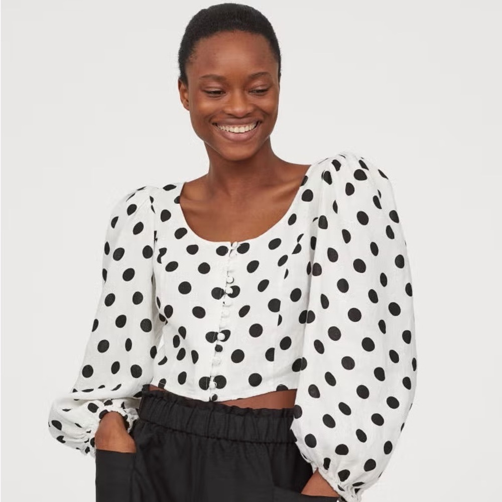 H&M Mara Hoffman Style Linen Balloon Sleeve Crop Blouse Size 8 - Picture 1 of 7